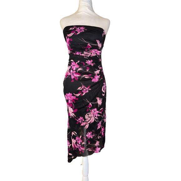 Vintage Y2K My Michelle Strapless Asymmetrical Dress L Whimsigoth Floral Midi - Picture 2 of 13